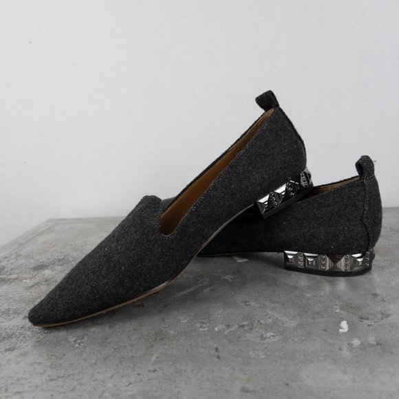 Franco Sarto Grey Brushed Felt Flats Silver Heel 8 Loafer Embellished Bedazzled - Picture 6 of 9